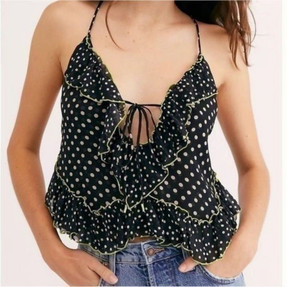 Free People Dance Till Dawn polka dot ruffled halter tank top Womens Small